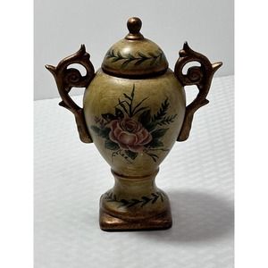 Floral Art Handpainted Ceramic Gold Urn Handle Pedestal‎ Vase W/ Lid